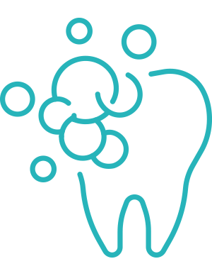 The image displays a stylized graphic of a tooth with a blue outline and a cluster of bubbles around it, set against a dark background.