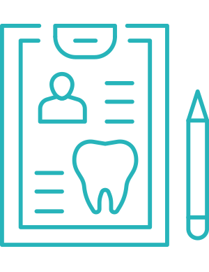 An iconographic representation of a dental appointment booklet with an illustration of a tooth, a pen, and a person s silhouette on a clipboard, symbolizing dental care services.