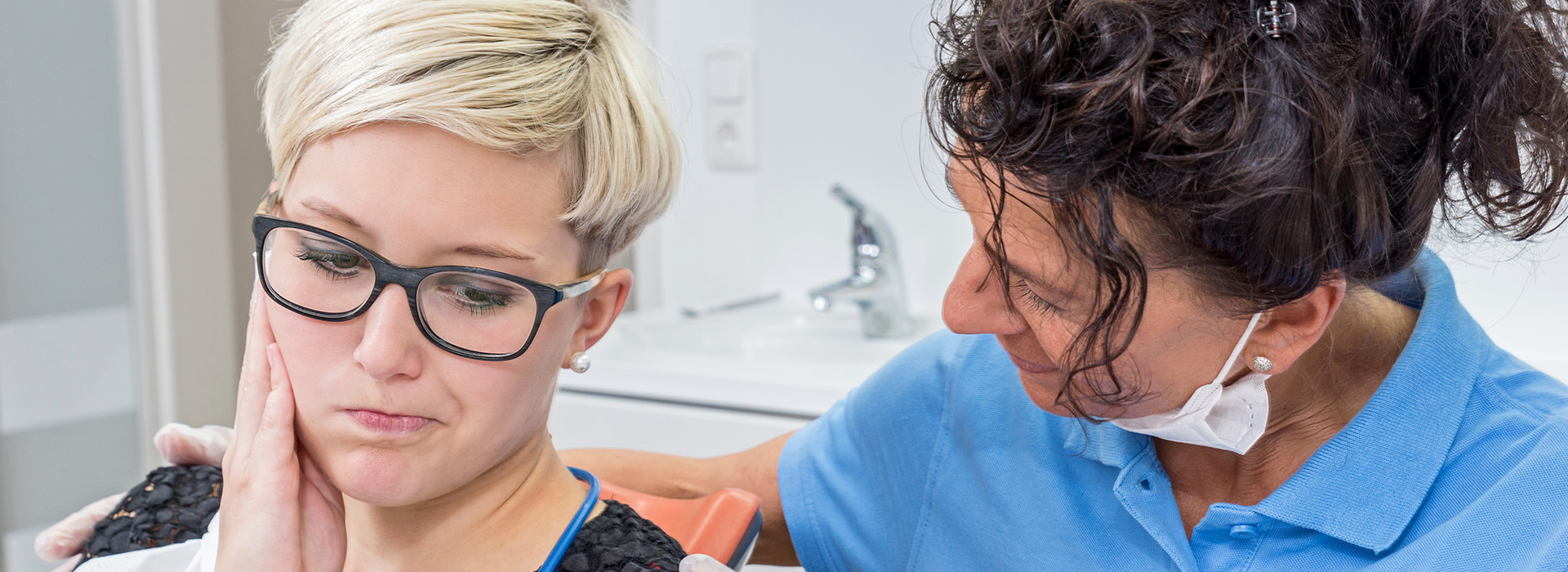 A split-screen image of a person receiving dental care from a professional, with the left side showing the patient and the right side showing the dentist.